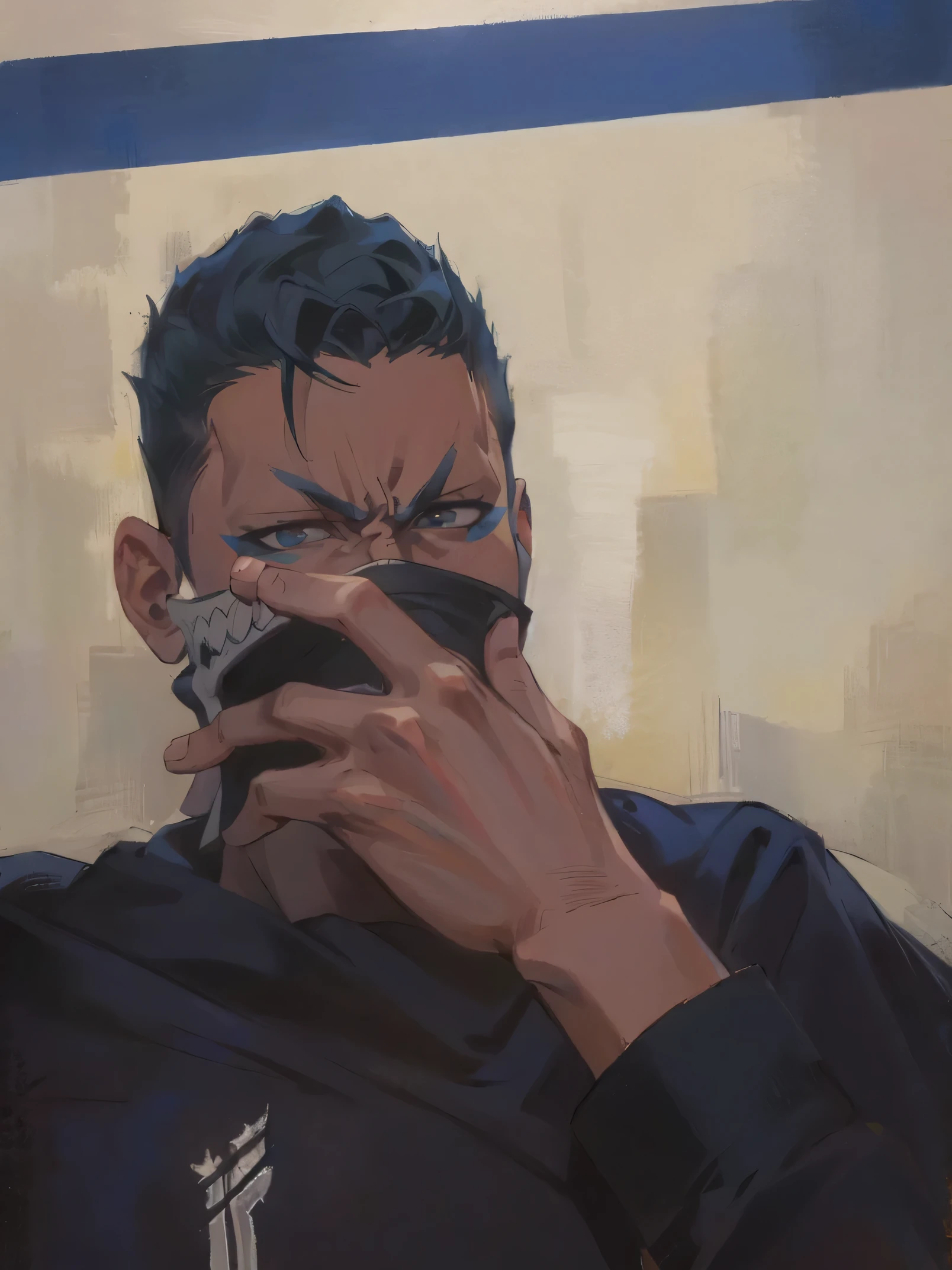 there is a man that is holding a cell phone to his face, around 1 , very very low quality picture, holding his hands up to his face, low quality footage, taken in the early 2020s, low quality photograph, low quality video, hood covers his eyes, profile pic, low quality photo, profile image, profile shotHD, (Best Detail), (Best Quality), Grimjo Jaegyaks, black boots, natural light, blue sky, angry eyes, smile, looking at the audience, full body,