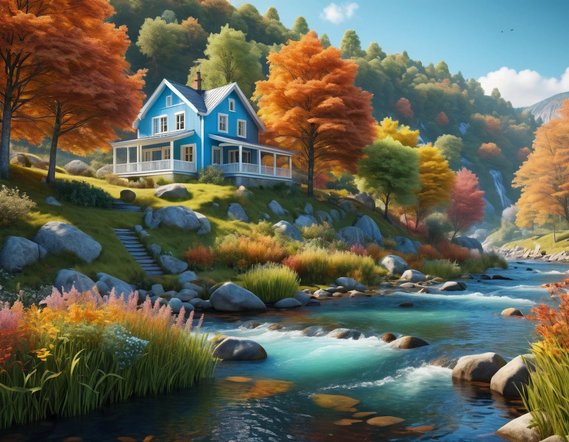 Ground view of hyperrealistic 3D render tranquil landscape with a river and hills and a light blue house nested in a forest. It captures the essence of autumn, as the trees display a spectrum of vibrant fall colors, wildflowers, perfect composition landscape, wallpaper art, hyper-realistic style, hyper-maximalism, ulra detailed, delicate,lovable,tiny,best, dynamic composition,magnificent,intense,perfect background,hdr,vray tracing,32k,final render