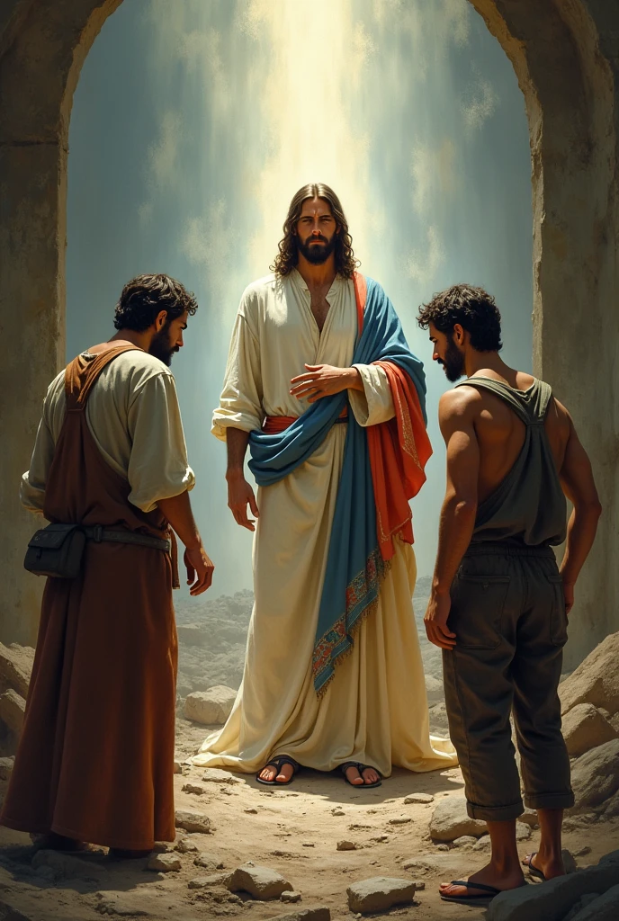 Create a detailed scene in the style of Leonardo da Vinci, featuring three distressed figures in work attire, set against a post-apocalyptic background. The overall tone should be somber, with signs of destruction and decay in the environment. In the background, a radiant figure of Jesus Christ should be the central source of light, illuminating the scene. He is dressed in a flowing white robe with red and blue accents. The light should emphasize His serene and compassionate expression, creating a strong contrast with the despair of the other figures. Use rich, classical colors and intricate details to evoke the depth and emotion of Renaissance art.