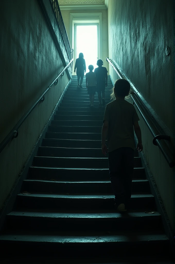 Climbing the Stairs
**Visual**:
- The kids ascending a grand staircase, with the camera following their footsteps.
- Close-ups of the creaky stairs and the children’s worried expressions.
- Shadows stretching and moving along the walls as they climb.
- A dimly lit landing at the top of the stairs.