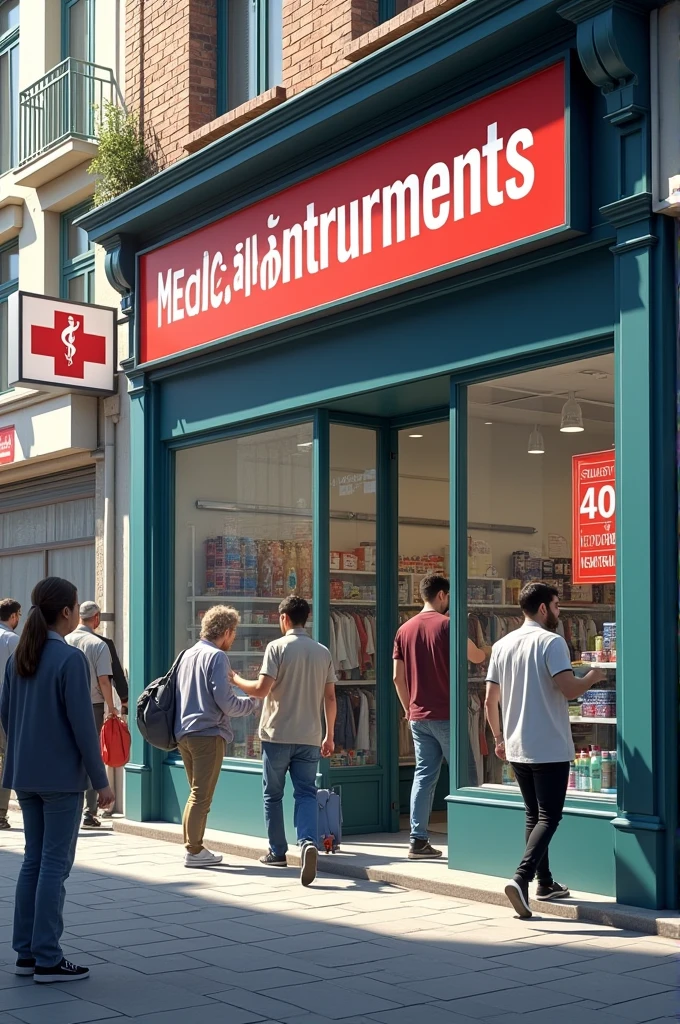 Give me a realistic picture ( that looks like real life) of a medical instrument store from outside, (I don't want the company logo to be displayed) , I want the image to be seen during the day, I see people inside the store and people entering