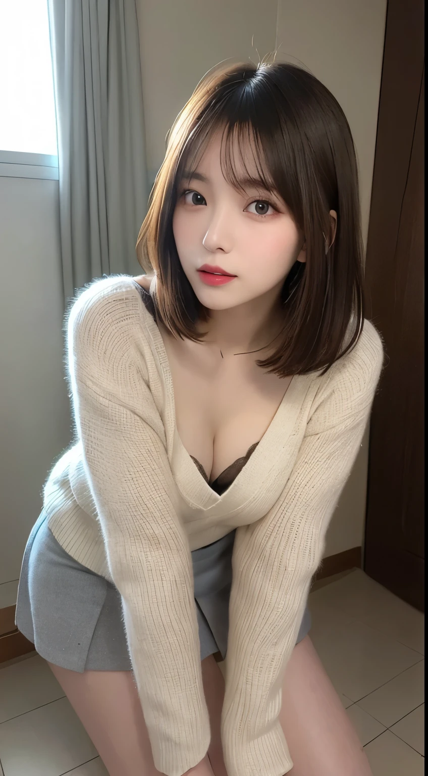 finely detail, hight resolution, hightquality、Perfect dynamic composition, Beautiful detailed eyes, Medium Hair, small tits、Natural Color Lip,Kamimei、Shibuya、20 years girl、1 persons、Transparent skin、Glowing hair、masutepiece, Best Quality, Illustration, Ultra-detailed, finely detail, hight resolution, 8K、The correct state of the human body、Crouch down、pretty pose,dishevled hair,beauty legs,Perfect beautiful face,KPOP Idol Face,Face that feels ecstasy,Pale light grey knitted dress(a miniskirt),Background blur,Home(a room)
