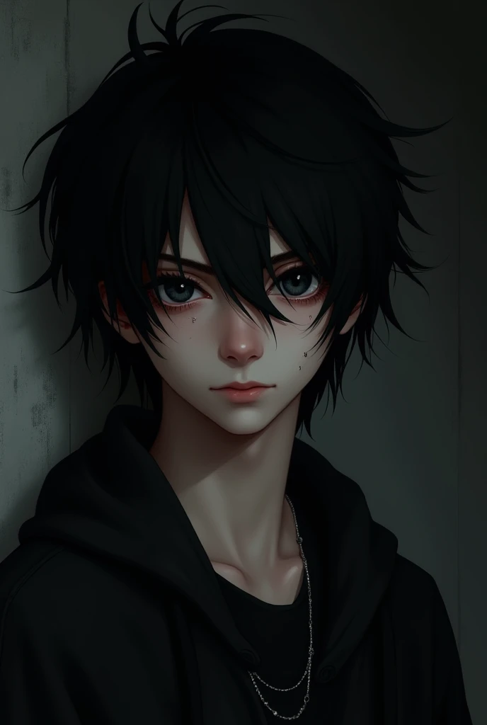 Black haired and black eyed teenage boy with some piercings