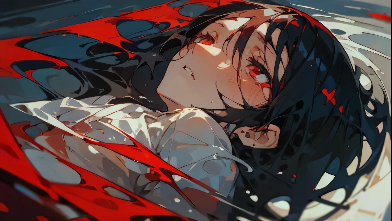 Boy, short black hair, red eyes, black hair, floating in water, bleeding, dead, tears, blood stained vintage shirt