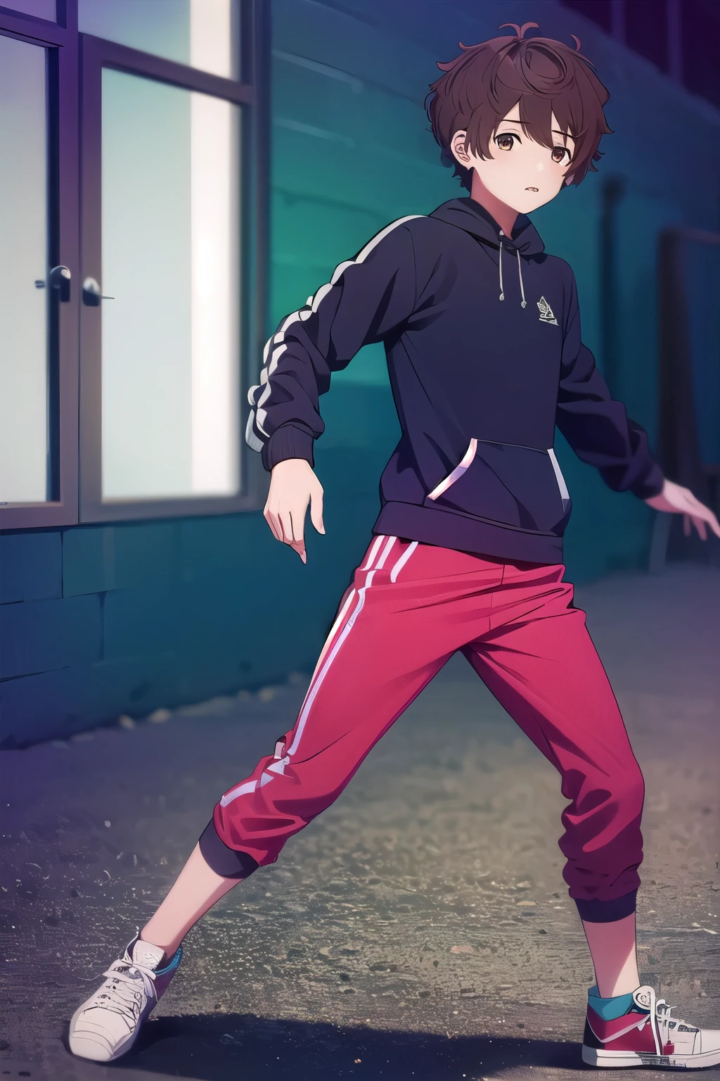 photorealistic, (4k), depth of field, (Masterpiece), (realistic skin texture), extremely detailed, intricate, hyper detailed, high resolution, professional photography, , depth of field, sharp detail, best quality, , 1boy, solo, male focus, shun_tokinoya, brown hair, brown eyes, , bangs, , , Fiesta, HD, Con Auriculares, sudadera roja, magic power. Poder magico, escudo magico, magia, cuerpo completo, pantalon negro, tenis converse, bailando, timido, sonrojado, nervioso.