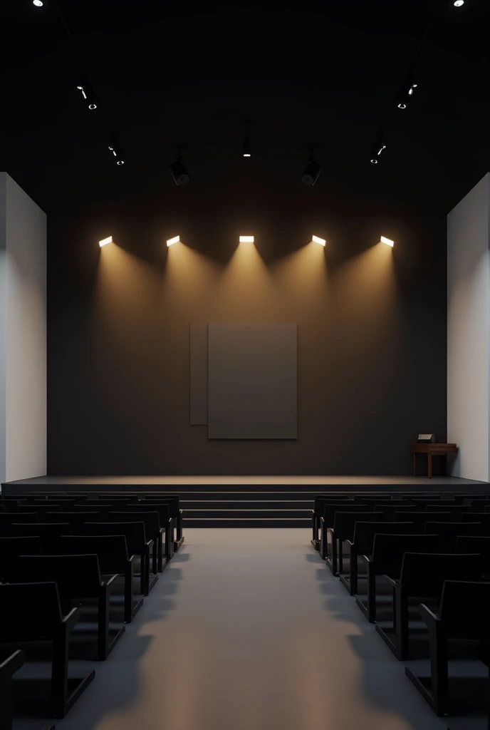 Interior of a minimalist evangelical church in a rectangular shape, black background wall with led panel in the center, black upper ceiling with yellowish spotlights, party lights pointing at stage and illuminating,  white side walls.