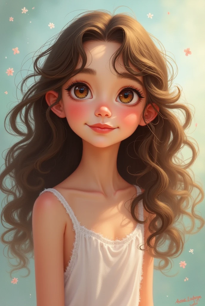 Short teenage girl with long curly brown hair and light brown eyes 

