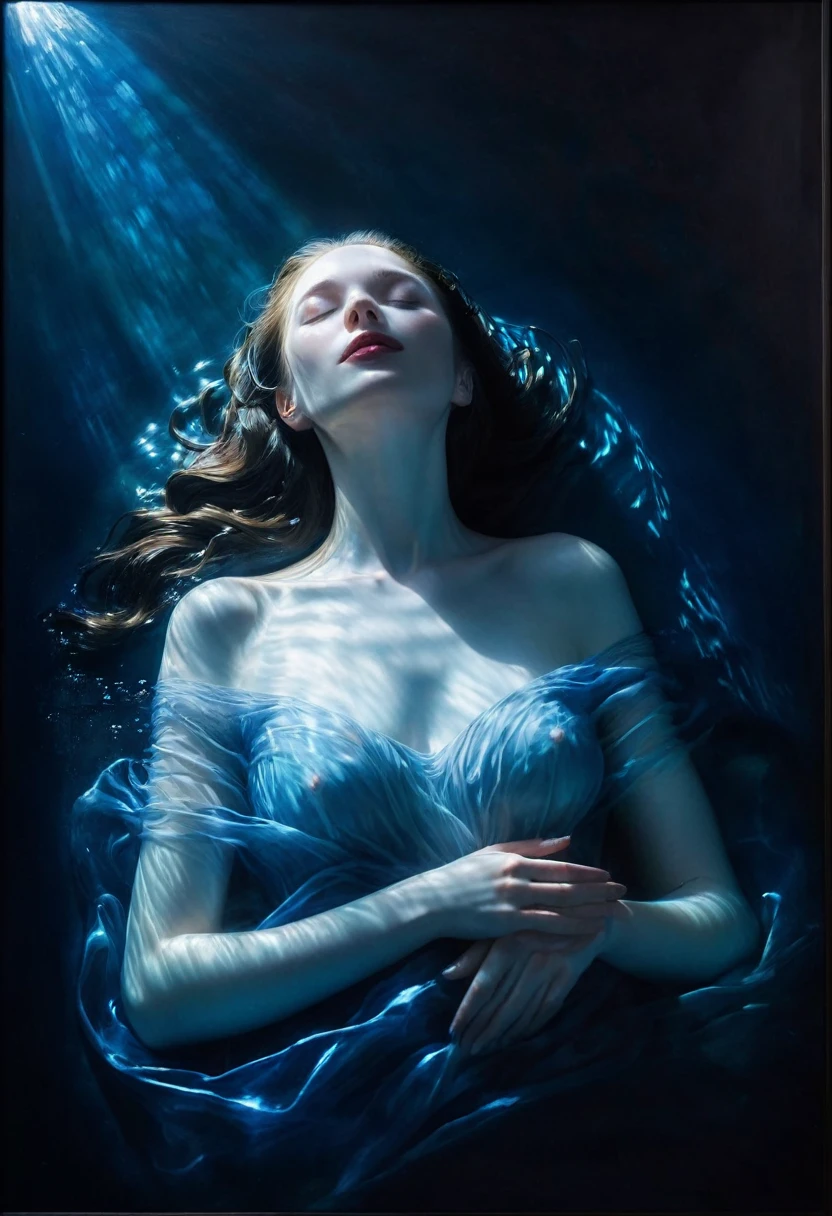 Painting of a a very pale woman lying down, blue veins shine through the skin, pale lips, closed eyes, full-length immersed in water, dark atmosphere, sun glare, frame from top to bottom. Cinematic scene, volumetric lights, ultra realistic, in the style of Nikola Samori