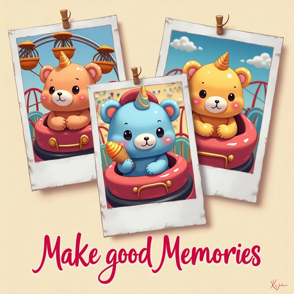 create a very realistic dry brush painting style illustration, with good layout, and design features, ((glad)) with good contrast, with fine and delicate lines, cute fun, to the audience (The image features three photos with polaroid style images ((3 plush-style squishmallow animals. Nota:(((the squishmallows have to look like teddy bears))): in the first photo, um squishmallows rapoza laranja glad em um carrinho de bate bate; In the second photo, a blue unicorn squishmallows, big round eyes eating ice cream in (inside the cabin of the ferris wheel), e uma squishmallows tartaruga glad de óculos escuros. (inside the roller coaster cart)). the photos are random with different places situations, are different in each photo, the art in general presents a distribution with characteristics of shirt prints, in which "no" end up in a rectangular shape. Below this scene, há um texto que diz “Make good Memories,”"Have Funn"the stylized art that suggests a high summer amusement park vibe. The font color transitions from pink at the top to yellow at the bottom, imitating a sunset. This image evokes nostalgia for amusement park rides., adventures in toys, symbolizing freedom and leisure.