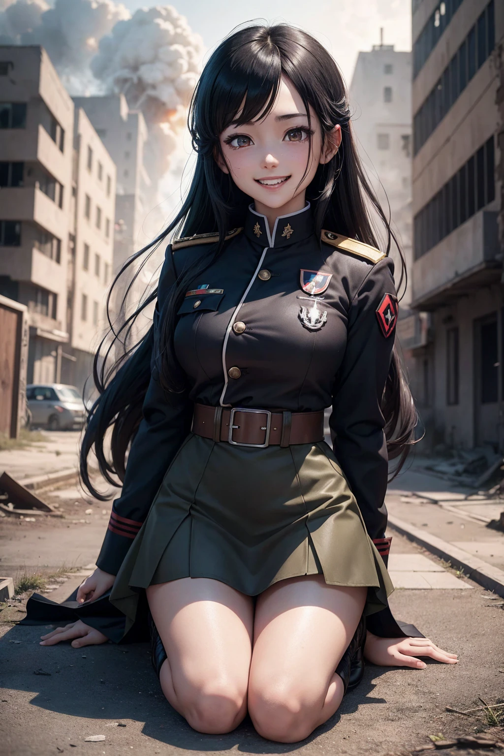 masterpiece, Highest quality, Abandoned city and fire in the background, An anime girl in uniform kneeling on the ground, White Nazi SS soldier, 4K Manga Wallpaper, bleach, Exterminator, Bloodstained, Amazing anime 8k, gapmoe Yandere, Yandere, Albedo from the anime Overlord, Creepy Smile, Crazy laughter, Laugh with the corners of your mouth turned up, Black hair Long hair, mini skirt, White long sleeve military uniform, tight skirt