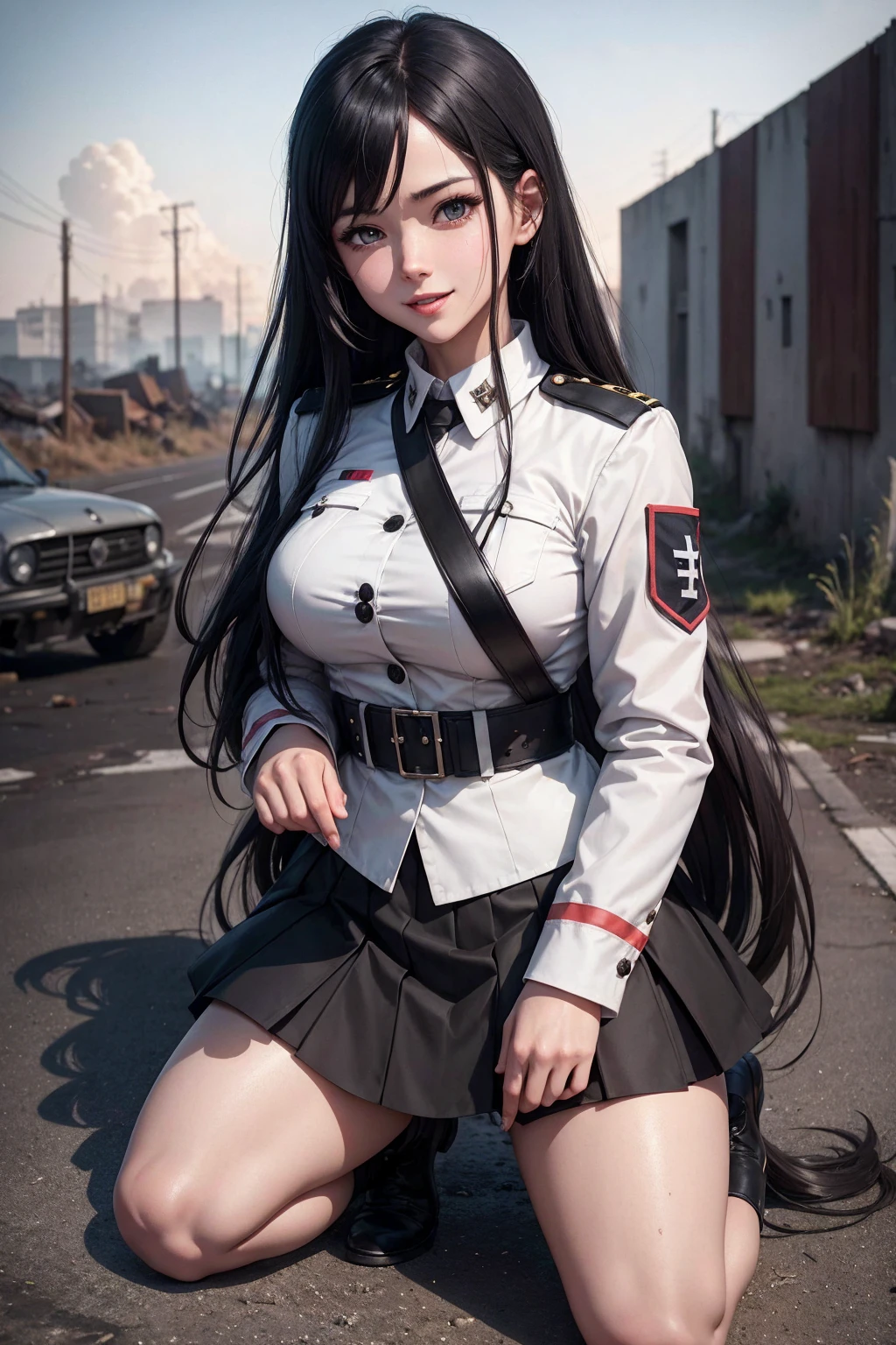 masterpiece, Highest quality, Abandoned city and fire in the background, An anime girl in uniform kneeling on the ground, White Nazi SS soldier, 4K Manga Wallpaper, bleach, Exterminator, Bloodstained, Amazing anime 8k, gapmoe Yandere, Yandere, Albedo from the anime Overlord, Creepy Smile, Crazy laughter, Laugh with the corners of your mouth turned up, Black hair Long hair, mini skirt, White long sleeve military uniform, tight skirt