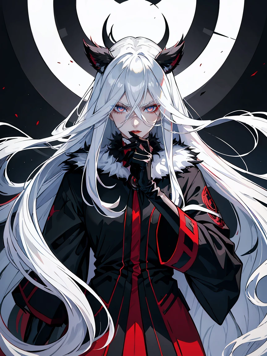 Long white hair, blue eyes, evil, sexy, black and red clothes, evil face, evil, serious look, gloss lips, sinister, front look, bloody, gloves, close up, portrait, beautiful eyes, big white, dark place, night, sensual, straight hair cut, clear skin, evil, young 30 years girl, adult girl, solo, red, very long hair, ankle length hair, handsome older WOMAN,azure-eyes,crimson pupils,Long white hair,Hyperresolution,accuracy,Detailed rendering,(Image of fine hair)(topquality)(Masterpieces of masters)(High degree of completeness)(A sense of atmosphere)tmasterpiece,Super detailed and super detailed(((full-body)))(((white and black fur fight outfit))) (((Soft expression)))