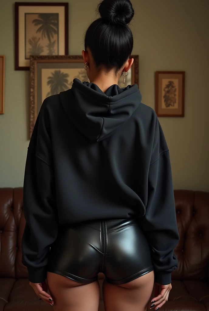 black woman hair in a bun black hoodie black leather short shorts being fucked in the ass by a old grandma in a dress