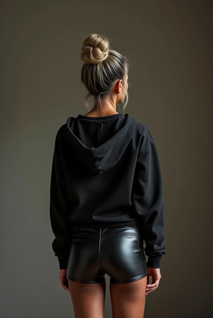 black woman hair in a bun black hoodie black leather short shorts being fucked in the ass by a old grandma in a dress