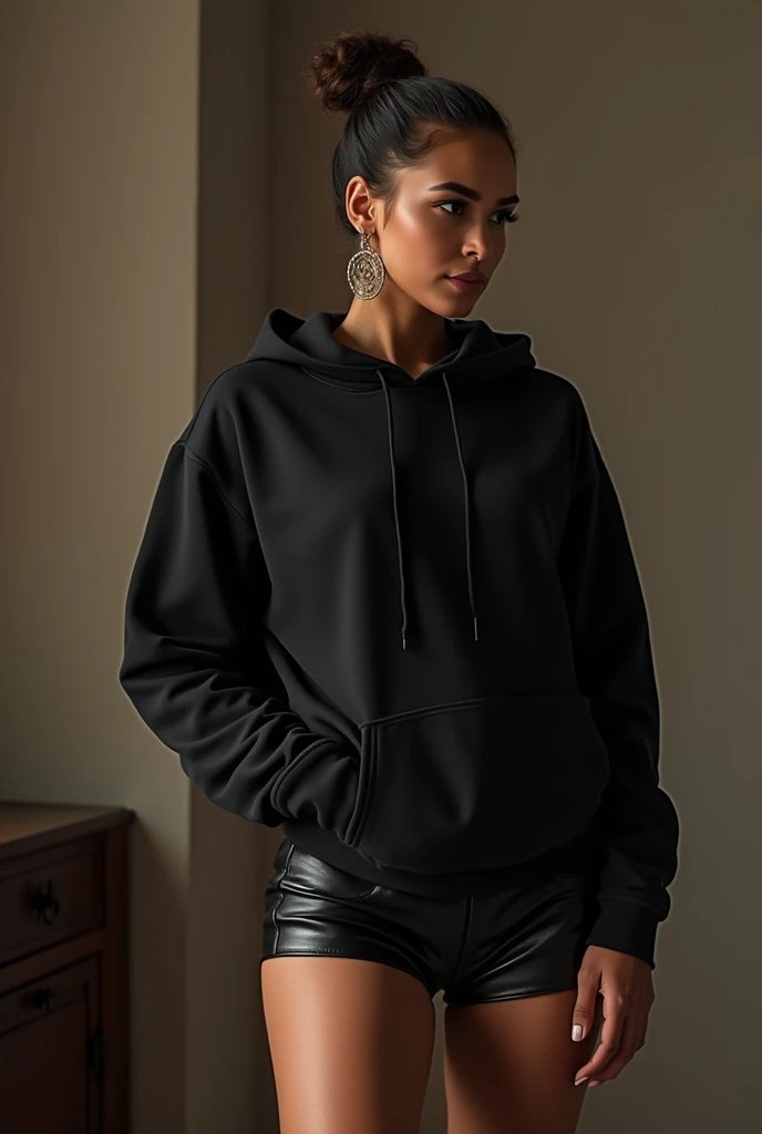 black woman hair in a bun black hoodie black leather short shorts being fucked in the ass by a old grandma in a dress