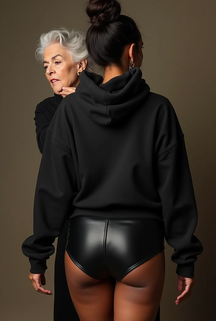 black woman hair in a bun black hoodie black leather short shorts being fucked in the ass by a old grandma in a dress