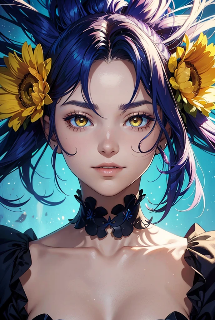 1 , high resolution, Masterpiece artwork, hair blue, cabelo roxo, hair flower, simple background, Optical illusion, reflected light, アニメ, laughter, yellow eyes, slightly separated lips,