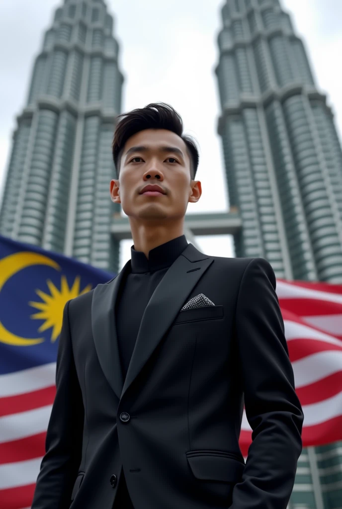 handsome young man , handsome , fair skin , stylish hair , wearing black royal clothes , Malaysian flag background , smooth skinned , standing in front of KLCC