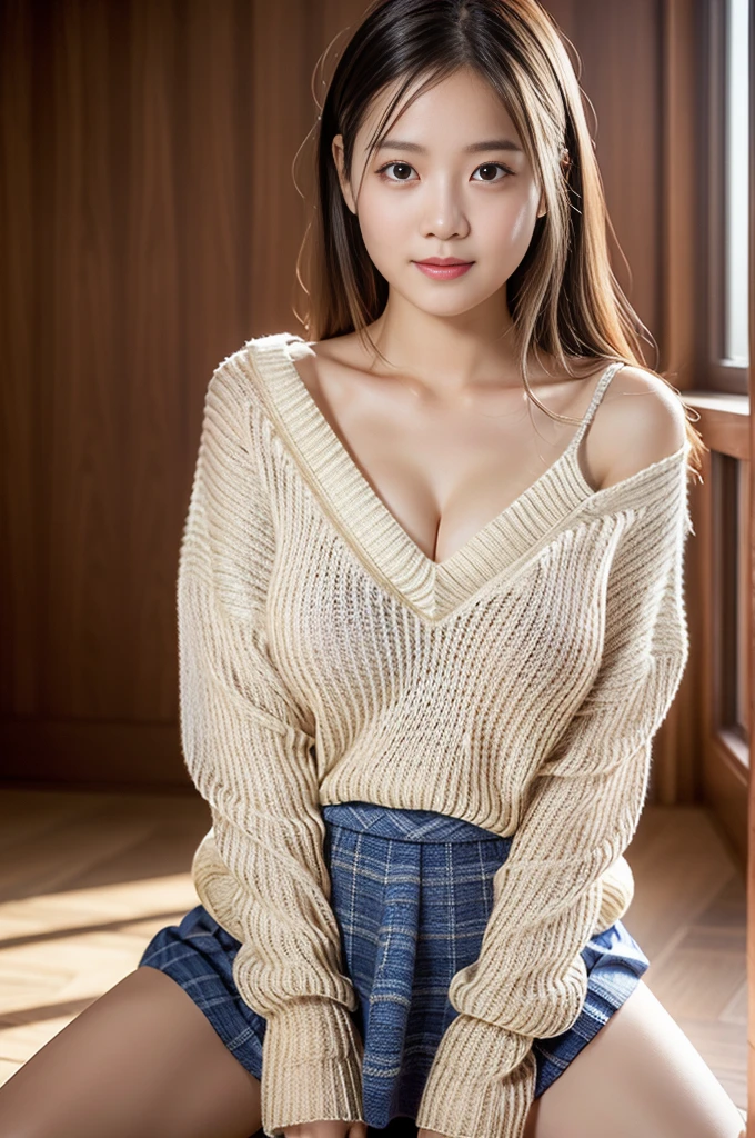 Enhanced Dynamic Perspective,Cute pretty beautiful girl、 student, (Huge breasts:1.3), Big Breasts, Flowing sweat, Narrow shoulders,((V-neck sweater:1.3)), wool, Extra Large, (((mini skirt)))、Get down on one knee, Spread your legs, Leaning forward, Place one hand on the floor, See through,Look at me and smile,Simple back gown,Masterpieces,high quality,4K resolution,Super Fine,Thin pubic hair,Acura,Cinema Lighting,Maintain the original face proportions