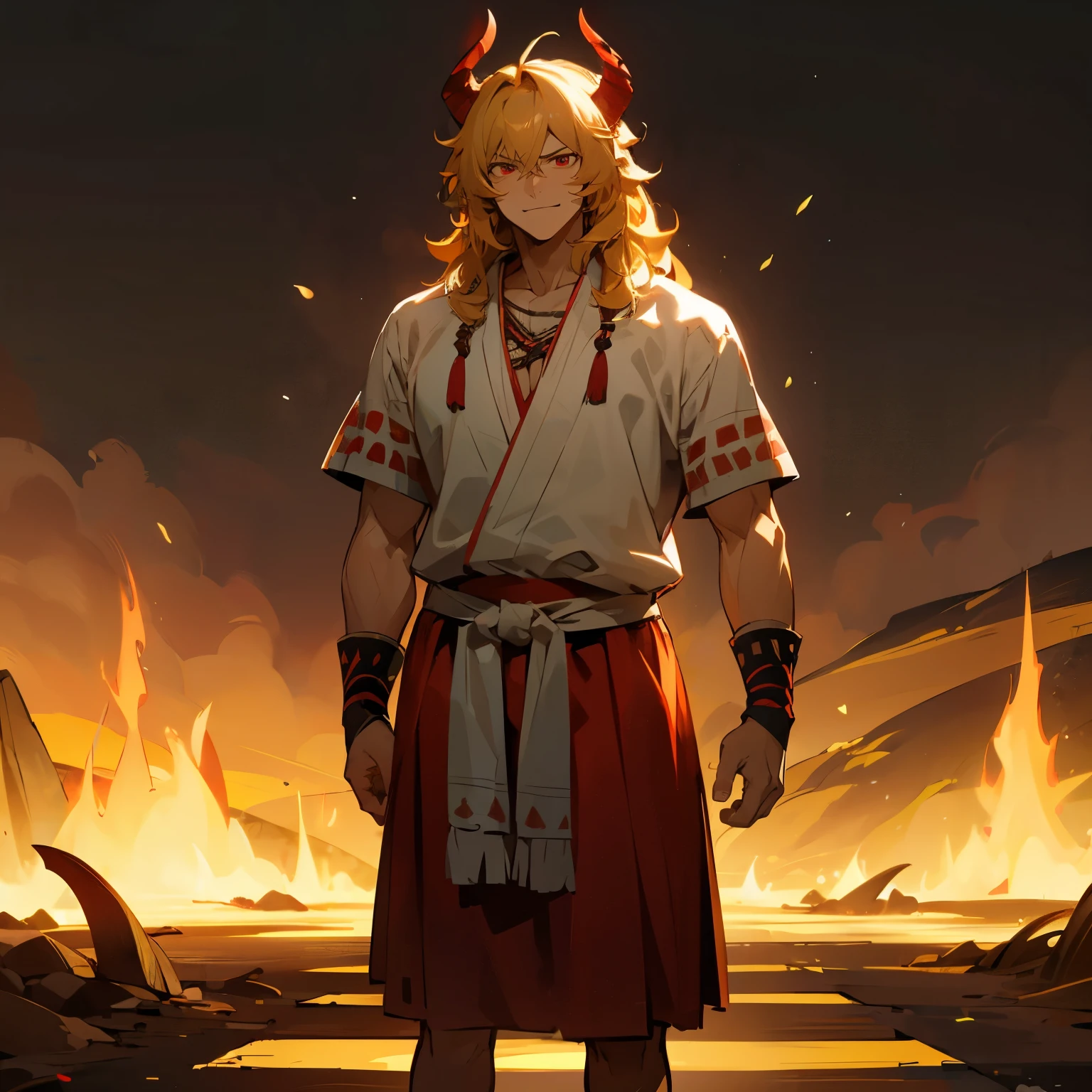 1male, Messy Wavy Hair , Yellow Hair , Red Highlighted Hair , Bull Horns , Red Eyes , Happy Expression , Adult Male , Muscular , Tribal Chief Clothing , Serious Expression , Standing on path , Volcano Background