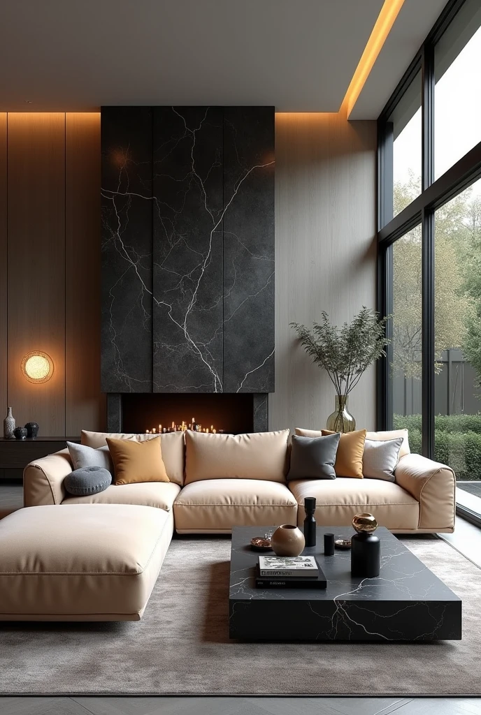 Professional 3d architecture rendering design of modern living room with so and very dark beige floranca velvet sofa set and medium flouting dark gray marble fireplace and light gray laminate and elegant and modern accessories and modern windows and black slab stone middle table and elegant and modern ceiling lighting and elegant accessories and elegant dark silk gray Persian carpet and elegant ceiling lighting