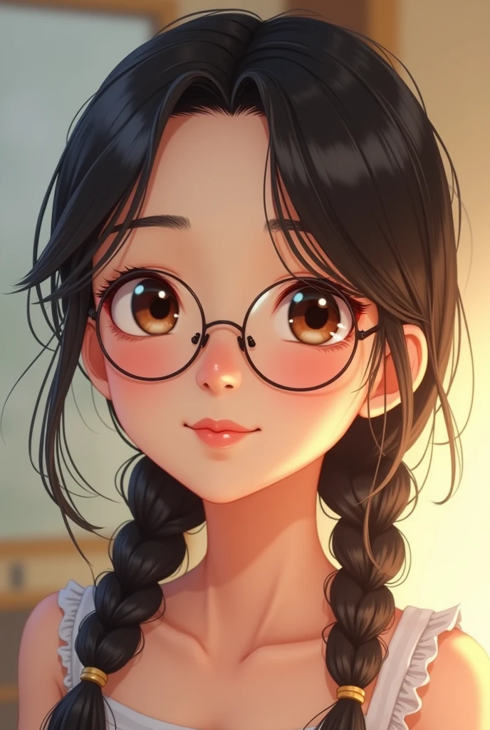 Tanned japanese girl with round glasses and braid cute black tanned