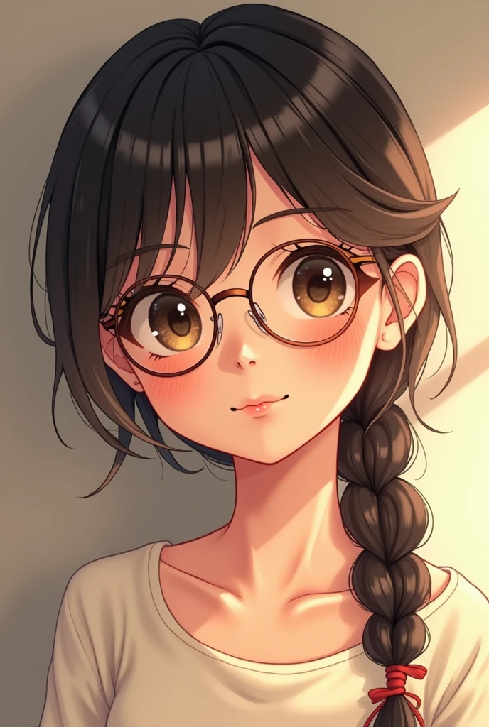 Tanned japanese girl with round glasses and braid cute black tanned