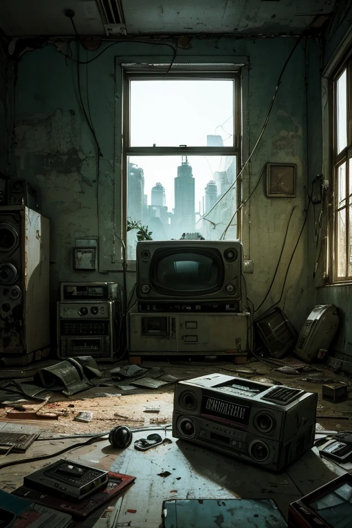 a room with a child watching an old television set with news of nuclear explosions. on the floor next to him a small dirty audio cassette player with the number 80 spray-painted on the wall. cold war atmosphere. through the window you can see the damaged buildings, dirty and eaten away by vegetation.