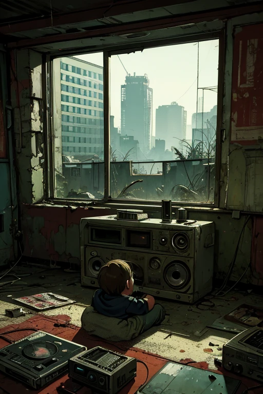a room with a child watching an old television set with news of nuclear explosions. on the floor next to him a small dirty audio cassette player with the number 80 spray-painted on the wall. cold war atmosphere. through the window you can see the damaged buildings, dirty and eaten away by vegetation.