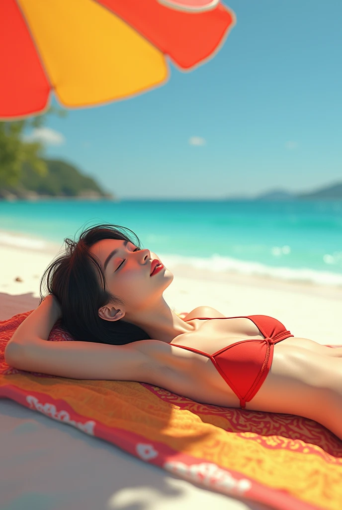 A Korean girl wearing a swimsuit when she wakes up on her umbrella at the beach