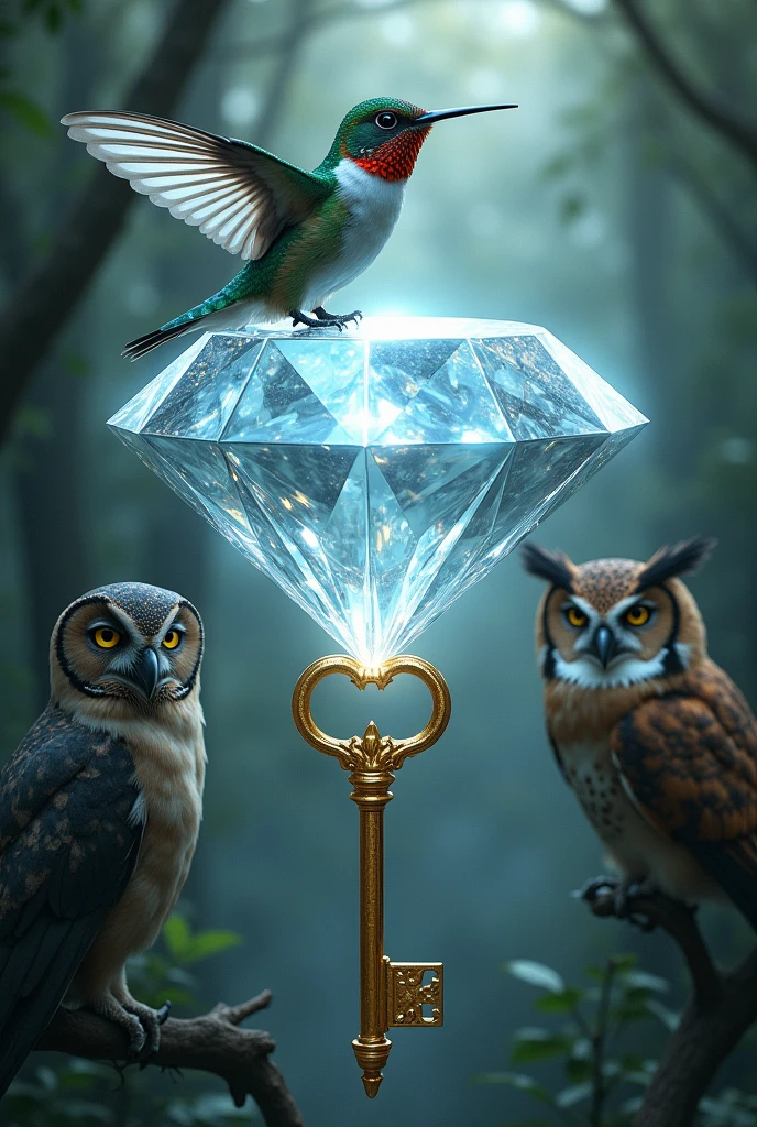 Large diamond highlighted on top of the diamond a hummingbird on the right side and an owl on the left side, and in front a vertical golden key. 