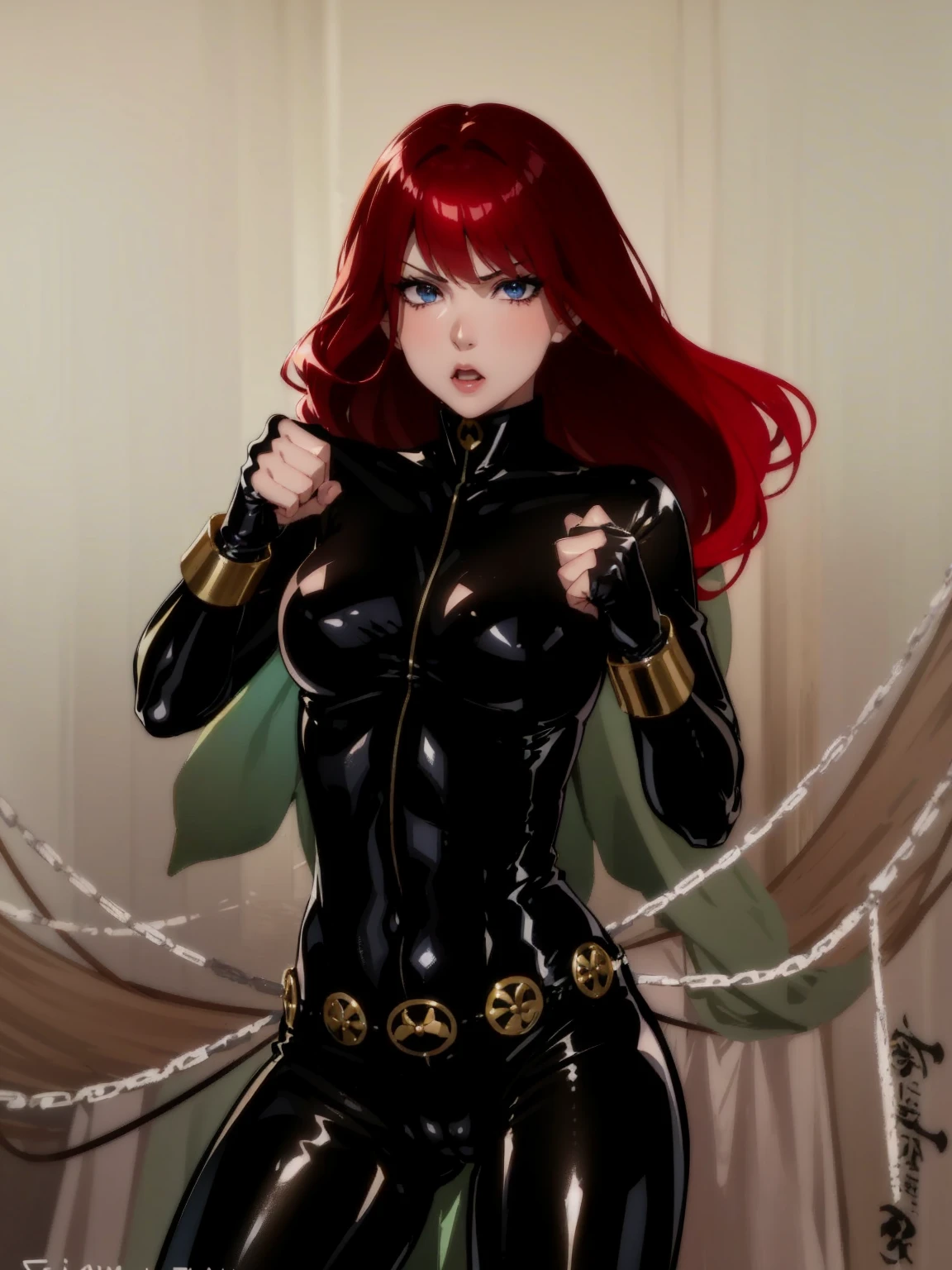 The image is a drawing of a girl with red hair dressed in a sleek skin-tight shiny black latex bodysuit with a silver zipper running down the front. The suit is complemented by her golden wrist guard on both wrists and a golden belt made of shiny circles. She has blue eyes. She stands with a strong posture, hands clenched into fists at her sides, and eyes cast with a determined or fierce gaze. In the background, there are white chains that curve upwards. Her overall stance and the background chains convey a powerful presence and a sense of energy, readiness for action, and possibly a dangerous situation.