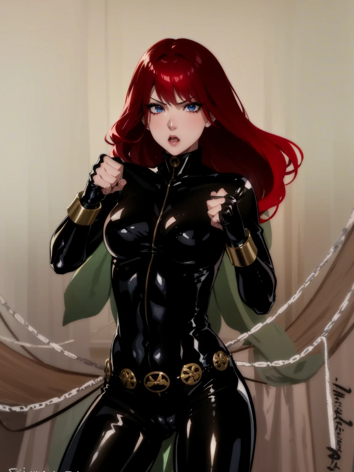 The image is a drawing of a girl with red hair dressed in a sleek skin-tight shiny black latex  with a silver zipper running down the front. The suit is complemented by her golden wrist guard on both wrists and a golden belt made of shiny circles. She has blue eyes. She stands with a strong posture, hands clenched into fists at her sides, and eyes cast with a determined or fierce gaze. In the background, there are white chains that curve upwards. Her overall stance and the background chains convey a powerful presence and a sense of energy, readiness for action, and possibly a dangerous situation.