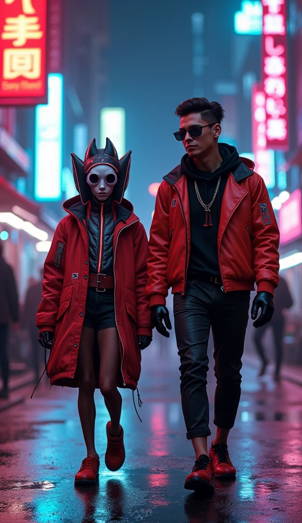 Generate an ultra-realistic 4K image featuring a stylish alien and a fashionable human entering a bustling cyberpunk street at night. The alien should have a striking appearance with avant-garde fashion and neon accents, while the human wears trendy, high-tech attire. The street should be vibrant with 1980s retro elements, such as neon lights, holograms, and a VHS aesthetic. Capture the dynamic interaction between the alien and the human as they explore the neon-drenched environment together