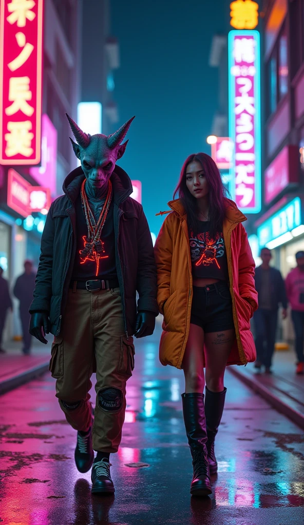 Generate an ultra-realistic 4K image featuring a stylish alien and a fashionable human entering a bustling cyberpunk street at night. The alien should have a striking appearance with avant-garde fashion and neon accents, while the human wears trendy, high-tech attire. The street should be vibrant with 1980s retro elements, such as neon lights, holograms, and a VHS aesthetic. Capture the dynamic interaction between the alien and the human as they explore the neon-drenched environment together
