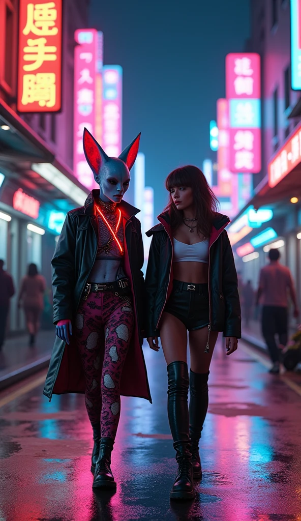 Generate an ultra-realistic 4K image featuring a stylish alien and a fashionable human entering a bustling cyberpunk street at night. The alien should have a striking appearance with avant-garde fashion and neon accents, while the human wears trendy, high-tech attire. The street should be vibrant with 1980s retro elements, such as neon lights, holograms, and a VHS aesthetic. Capture the dynamic interaction between the alien and the human as they explore the neon-drenched environment together