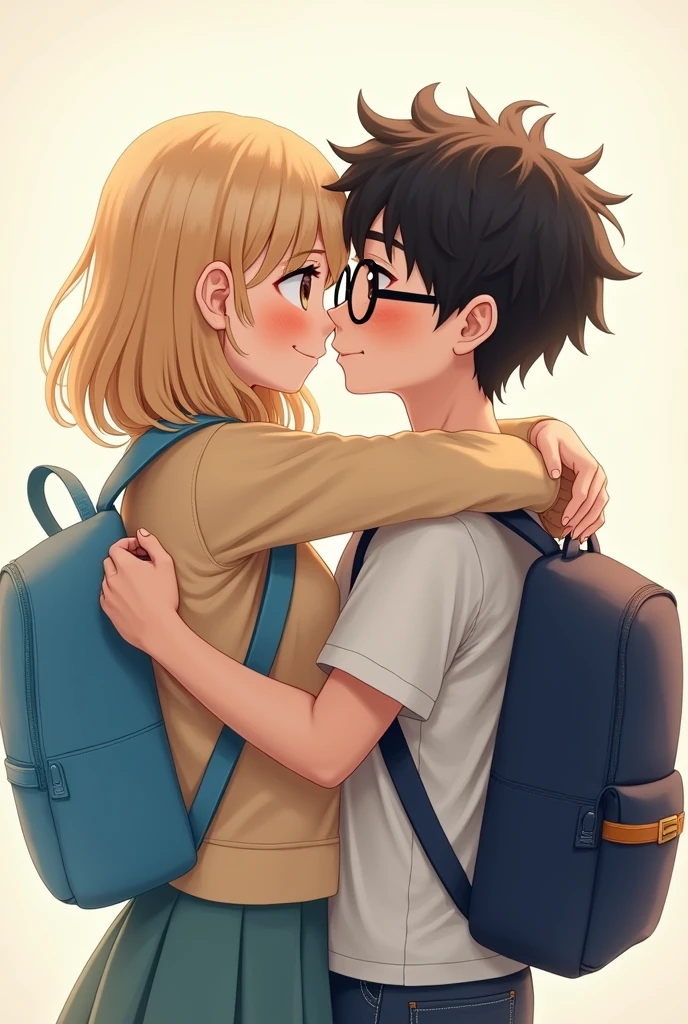 White girl without glasses with shoulder-length blond hair with light brown almond-shaped eyes and long eyelashes and a sky-blue backpack hugging a blond boy with short black hair and slanted eyes with long eyelashes and a small nose with very round glasses and a navy blue backpack 