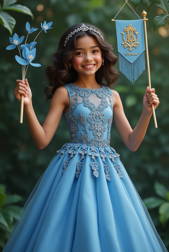 Create American girl wearing blue gown in which sequence are there on the top part of gown in she is holding a banner in which jijishaa fashion studio is return