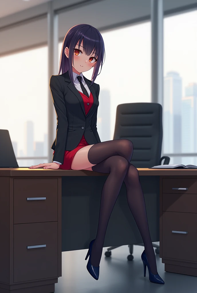 anime girl sitting on a desk with her legs crossed, office clothes, on a desk, thighhighs and skirt, sitting on a desk, tight attire, trending on cgstation, good ???? and long legs, standing on a desk, elegant legs, ???? pose, long legs, (sfw) safe for work, business attire, nice legs, photorealistic perfect body, kafka from honkai star rail