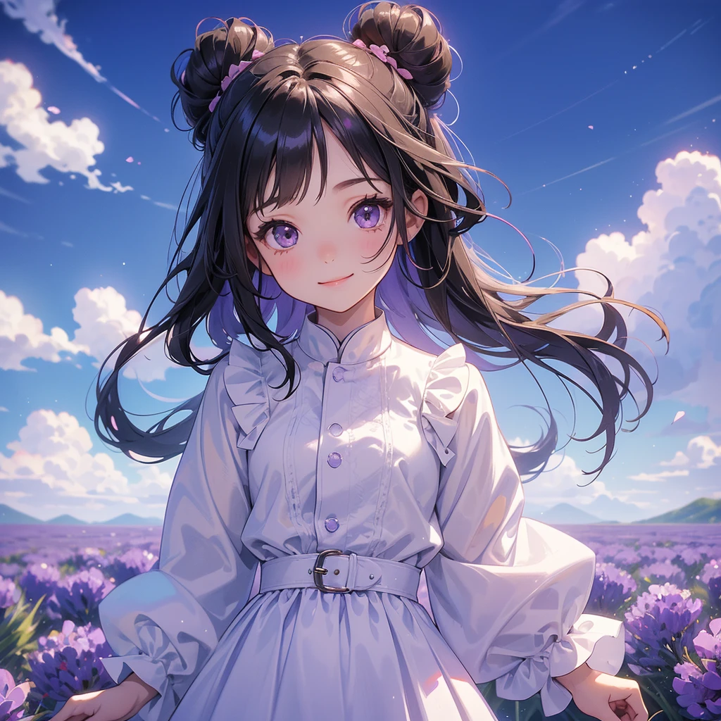 A chibi child girl had a small face and wearing a little tourist priest’s outfit, a pair of big round eyes shone with curiosity about him. This child was so cute, her hair is black with buns on her hair. Small chibi , chibi baby, smiling , chibi. 

Stroll among the purple lavender fields , There are some floating clouds.