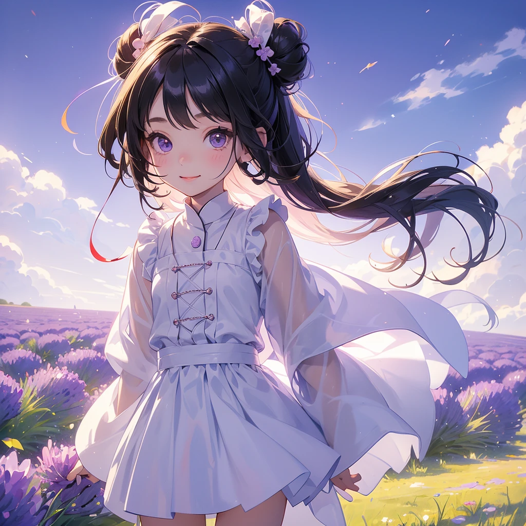 A chibi child girl had a small face and wearing a little tourist priest’s outfit, a pair of big round eyes shone with curiosity about him. This child was so cute, her hair is black with buns on her hair. Small chibi , chibi baby, smiling , chibi.
Stroll among the purple lavender fields , There are some floating clouds.