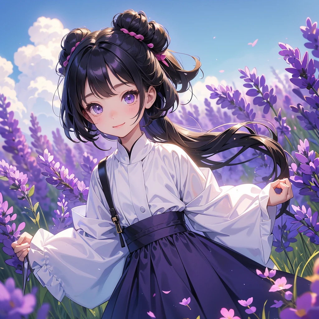 A chibi child girl had a small face and wearing a little tourist priest’s outfit, a pair of big round eyes shone with curiosity about him. This child was so cute, her hair is black with buns on her hair. Small chibi , chibi baby, smiling , chibi. 

Stroll among the purple lavender fields , There are some floating clouds.