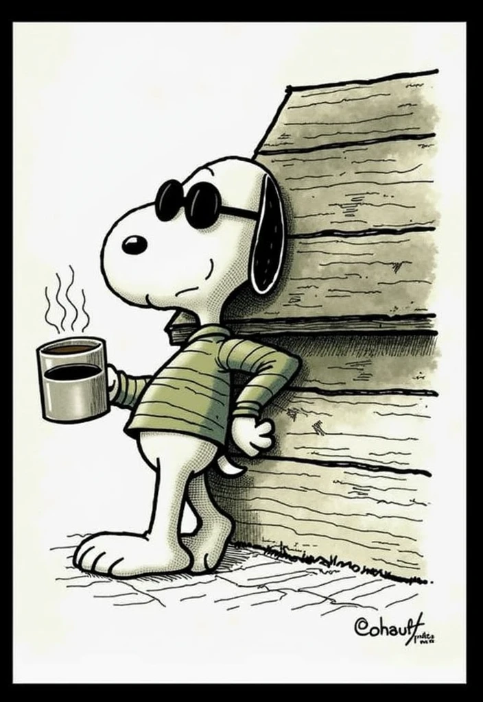 snoopy with sunglasses leaning against the little house, holding a cup of coffee, wooden house, clean and precise line strokes, straight lines without deformations