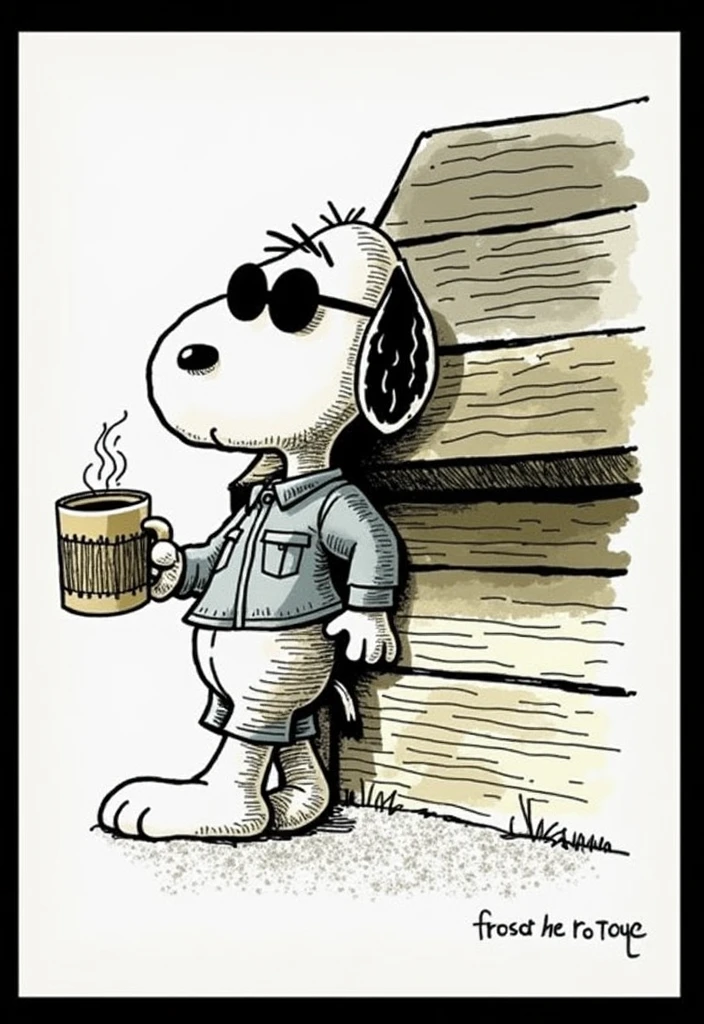 snoopy with sunglasses leaning against the little house, holding a cup of coffee, wooden house, clean and precise line strokes, straight lines without deformations