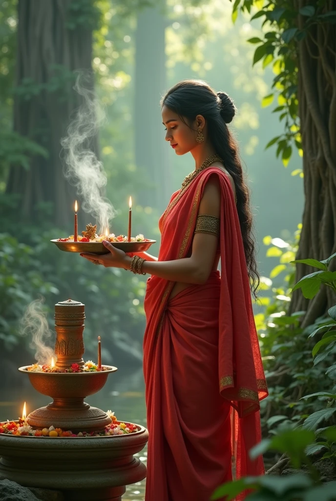 (photorealism:1.2), create a girl wearing red saree offerings to shivalinga in a beautiful greenery along with insences on her hand
