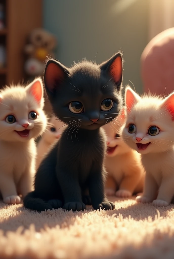 Black kitten sad because other kittens are laughing at him