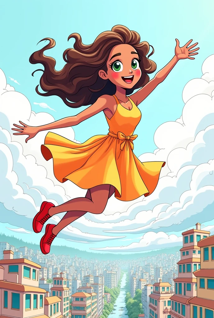 drawing style for coloring book.  , Curly Brunette Hair, greeneyes, wearing colorful dress and red shoes. She is close to the clouds, flying happily over a city. 