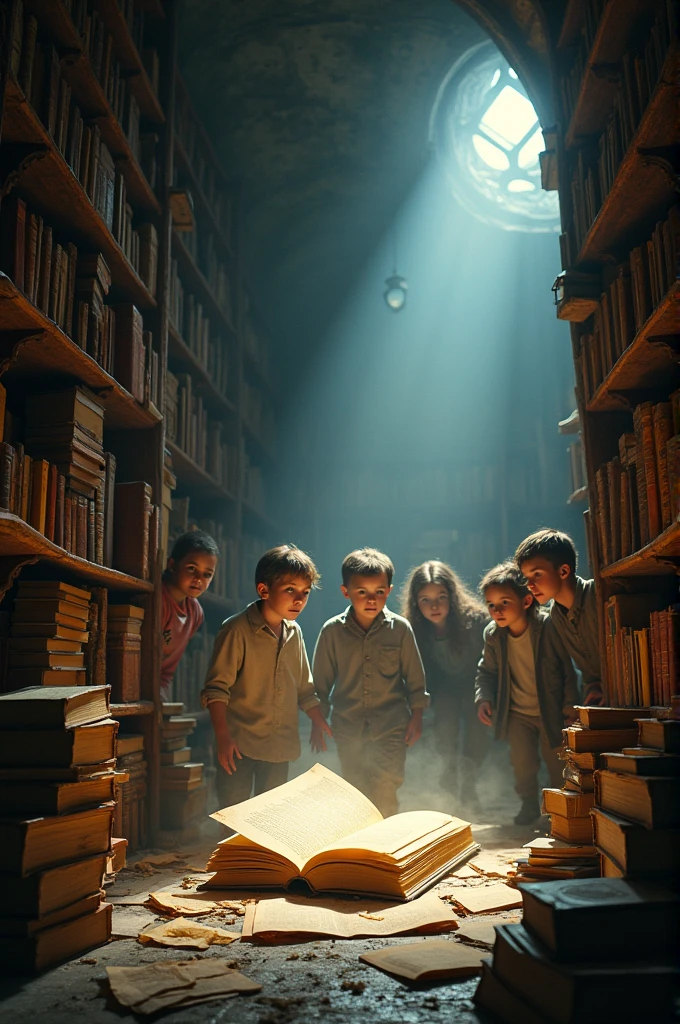 Discovering the Room with Old Books
**Visual**:
- The kids entering a dusty, cluttered room filled with old, leather-bound books and scattered papers.
- A particular book on a shelf suddenly opening on its own, with glowing light spilling from it.
- Close-up of the letter falling from the book and landing on the floor.
- The kids gathering around the letter with curiosity.