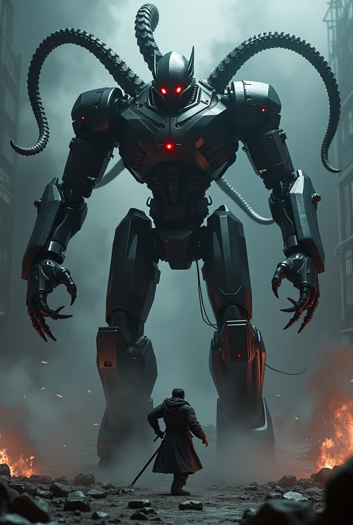 A black killer robot with octopus tentacles fighting a human