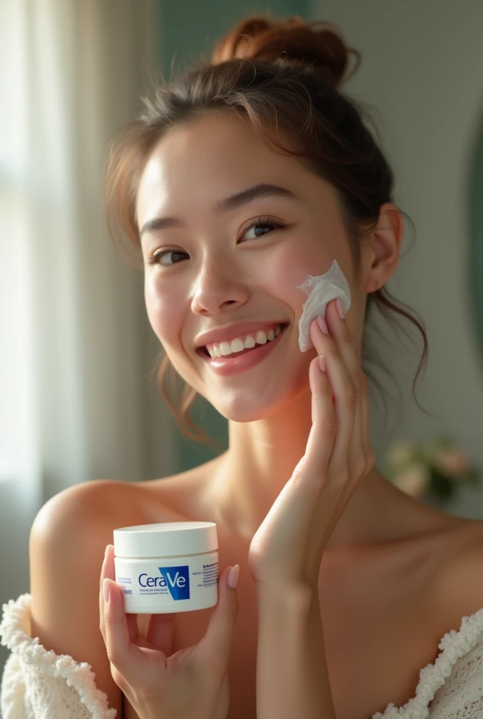 Woman using cerave moisturizing cream